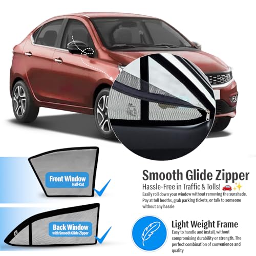 Image of Autofact Magnetic Car Sunshades Compatible with Tata Tigor (Set of 4) - Easy Installation, UV Protection, Keeps Car Cool (Front 2 Half-Cut for Side Mirror Visibility, Rear 2 with Zippers)