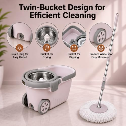 Image of Novita Premium 360 Spin Mop Bucket Set | Steel Jali with Heavy Smart System | Easy Rinse | Telescopic Microfiber Mop & Soap Dispenser |1+1 Refill | Pocha | Big Wheels | Removes Over 99%* Bacteria