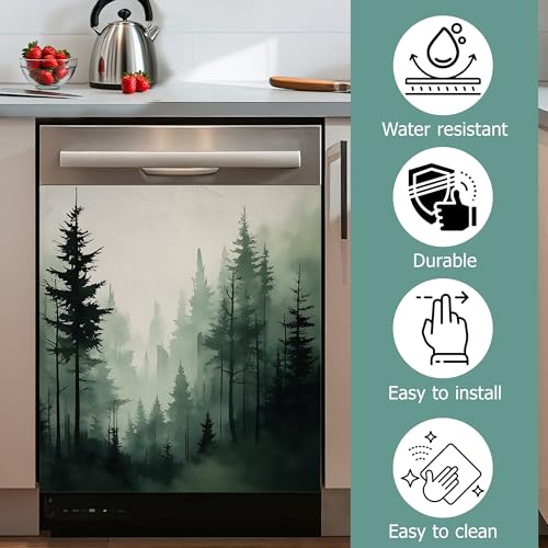 Image of Foggy Forest Dishwasher Covers for The Front Magnetic,Green Trees Refrigerator Magnets Decoration,Reusable Dishwasher Cover Panel for Home Kitchen Decor 23x26 Inch