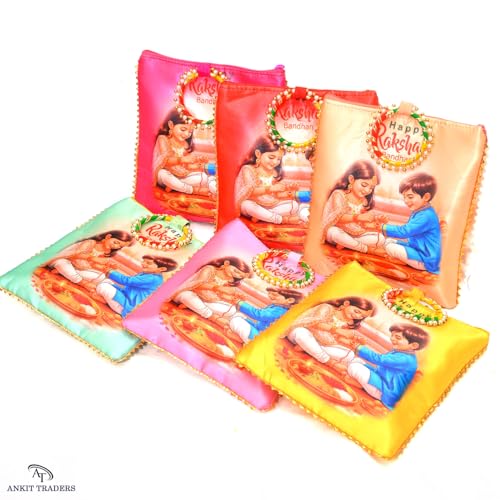 Image of Silk Raksha Bandhan Potli Bag for Women Return Gift Pack of 12 | Rakshabandhan Theme Ethnic Clutch with Ring Handle & Zipper | Rakhi Favour Pouch