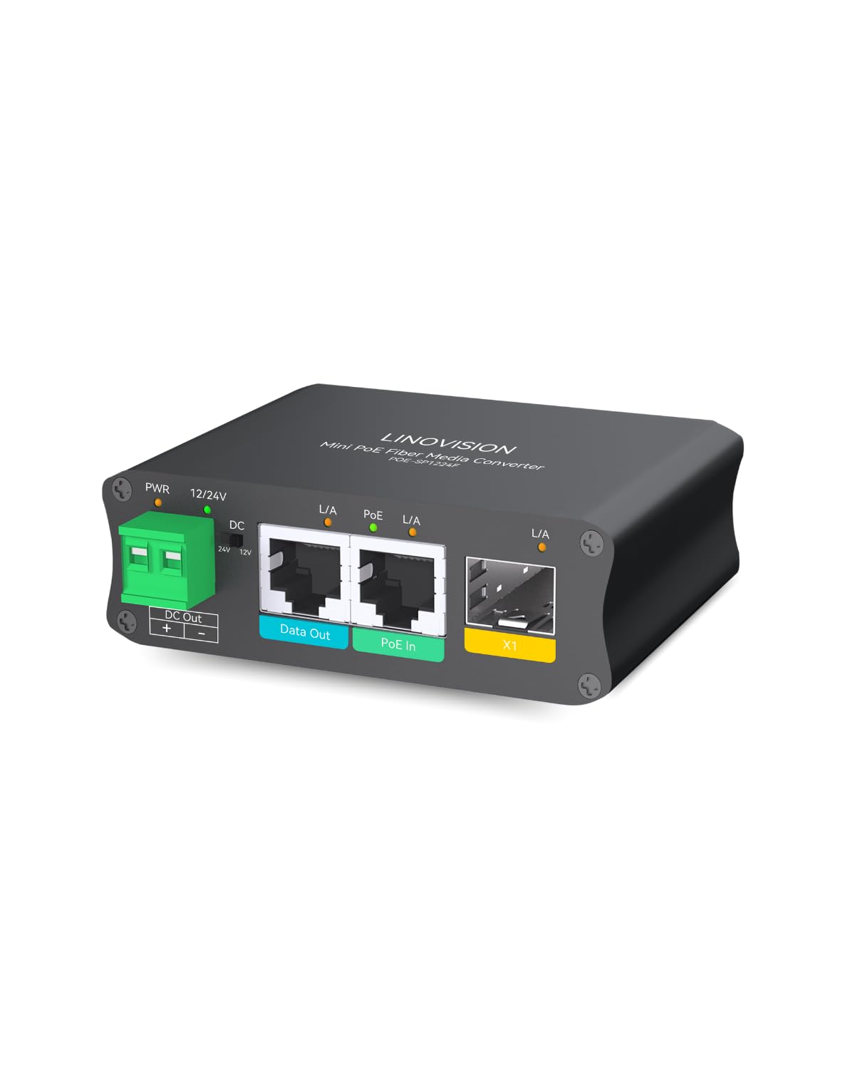 LINOVISION Convertisseur de Média Fibre Alimenté par PoE avec Sortie DC12V/24V Supplémentaire et Ethernet Gigabit, Aucune Alimentation CC Locale Requise, Prend en Charge la Transmission Fibre Longue D