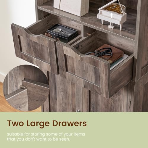Image of Iwell Tall Storage Cabinet with 2 Drawers & Adjustable Shelf, Bathroom Cabinet with Doors, Kitchen Pantry Storage Cabinets, Cupboard for Living Room, Dining Room, Entryway, Rustic Gray