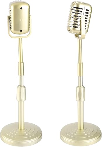 Modelo de micrófono vintage, decoración de mesa de micrófono con soporte, juego de accesorios de micrófono de estilo retro para fotografía (dorado)