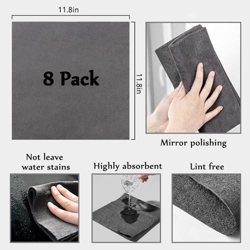XANGNIER Paño de Limpieza mágico Grueso, 8 paños sin Pelusas, Trapo de Limpieza de Microfibra Reutilizable para Ventanas, Espejos, Vidrio, Coche, Gris - imagen 8