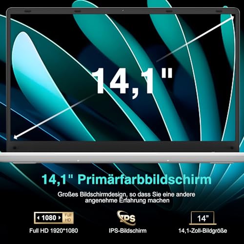 Laptop Win 11 con 5G WiFi, Laptops 14 Inch 6GB RAM 128GB SSD Erweiterung 1TB, BT 4.2 3.0 Übertragung Anschluss 1920*1080 FHD, Notebook With Mini Multimedia Anschluss & Deutscher Keyboardfilm-Silver – Bild 5