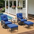 MELLCOM 5 Pieces Patio Furniture Set, Outdoor Swivel Rocker Patio Chairs, Wicker Patio Bistro Set with Rocking Chair, Thickened Cushions, Glass Coffee Table and Ottomans for Backyard, Navy Blue
