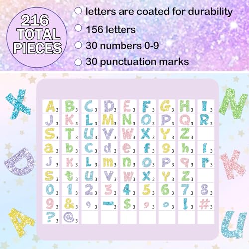 Image of Colarr 216 Pcs 4 Inch Glitter Bulletin Board Letters for Classroom Alphabet Punctuation Symbol Cutout Die-Cut Colorful Poster Letter with Adhesive Dot School Party Holiday Decor Display
