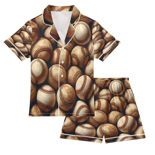 ALAZA Retro Baseball Ball Satin Pajamas Set Short Sleeve Button Down Sleepwear Summer Pjs 2 Piece
