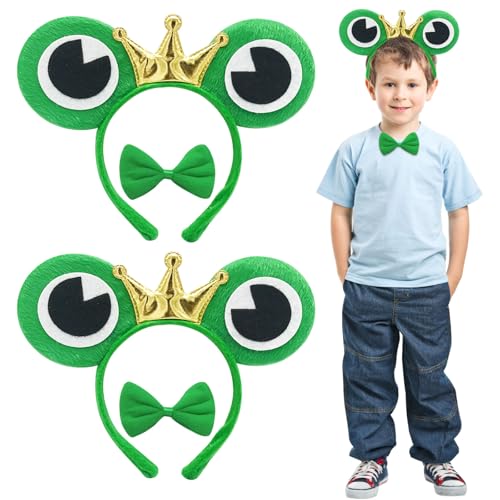 TUONYIS Juego de 2 diademas de rana y 2 pajaritas verdes de rana, corbatín de orejas de rana verdes, bandas para el pelo de rana, diadema de príncipe de rana para cosplay, Halloween, fiesta de