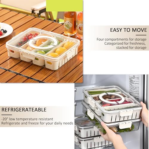 Image of Divided Fridge Storage Box with 4 Compartment | Veggie Tray for Refrigerator Organizer with Lid Handle Removable Baskets | Space Saver | Fruit Storage Container