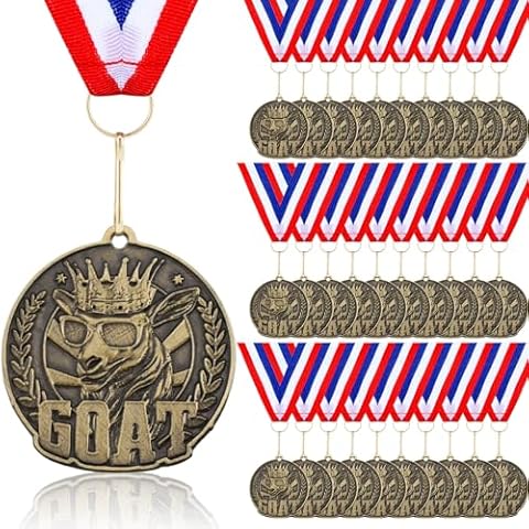 Quelay 30 Pcs Goat Medal Greatest of All Time Goat Pendant Champ Medal Funny Medals for Awards with Neck Ribbon Goat Award Necklace for Football Basketball Sports Tournament MVP Awards Collections Cover