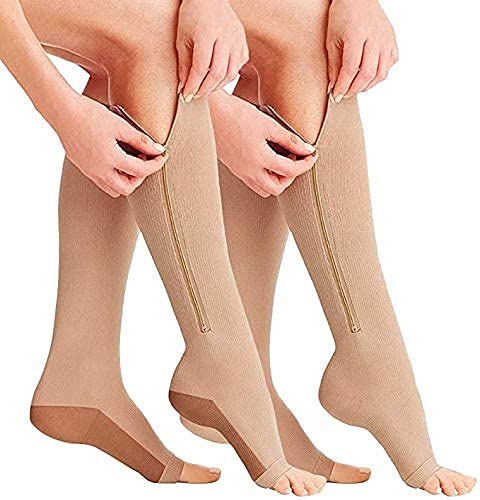Lingsss Zipper Compression Socks Medical, 2 Pair Toeless Nurse Zip Compression Socks with Zipper Easy on off 15-20 mmHg for Varicose Veins, Edema, Swollen or Sore Legs, Nude, L-XL