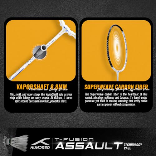 Image of Hundred T-Fusion Assault Badminton Racket with Full Cover | ≤32 lbs | Performance Racket | Sturdy Frame & Smooth Swing | Offensive Shots & Fast Game