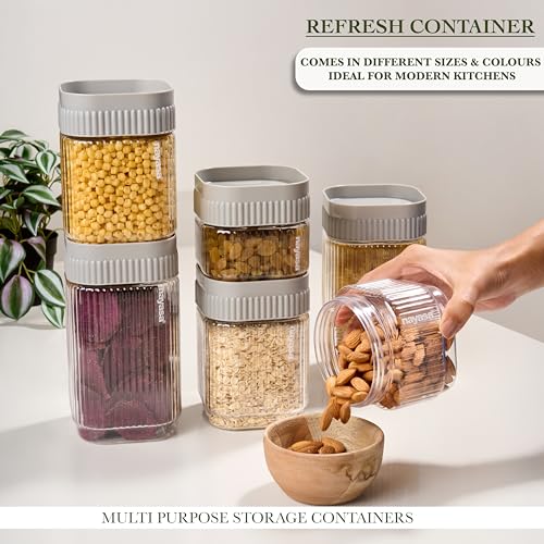 Image of Nayasa Refresh Container Set of 9 | 500ml x 5, 750ml x 2, 1150ml x 2 | Transparent Airtight Plastic Jars | Stackable Kitchen Storage Containers | BPA Free & Reusable | Grey
