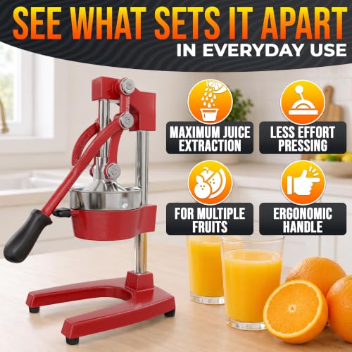 Image of Cast Iron Juicer Hand Press, Heavy-Duty Squeezer (Red) | Lever Manual Citrus Press Juicer & Orange Squeezer for Lemon, Lime & Lemonade; Steel Cone & Strainer; for Home or Bar