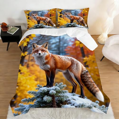 Image of Wildlife Fox Comforter Set Full Size Red Fox Snowy Pine Tree Print Bedding Sets for Girls Boys Kids Adults Bedroom Decor Autumn Forest Quilt 1 Comforter 2 Pillowcases