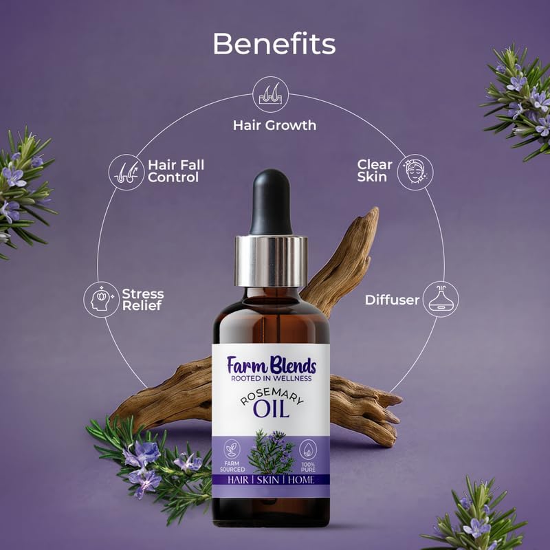 Image of Farm Blends Rosemary Essential Oil (10ml+10ml) Set |100% Pure, Steam Distilled| Hair Growth, Hair Fall Control, Clear Skin for Women & Men, Diffuser, Aromatherapy Use | Natural, Therapeutic Grade