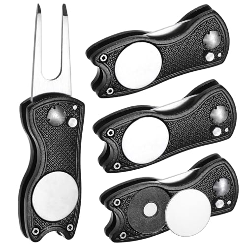 TIXIPEM Golf Divot Repair Tool [4PCS] - Switch Foldable Divot Tool Rack with Magnetic Ball Marker & Open Button Use for Golf Accessories & Gifts - [Black] Green Fork Tines