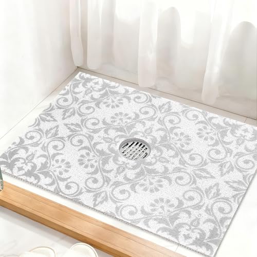 Image of Square Shower Mat Non Slip: 32 x 24 Inch Extra Large Shower Mats with Drain Hole in Middle - PVC Loofah Anti Slip Shower Floor Matt for Inside Shower