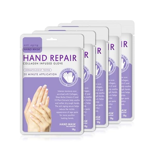 5 Pairs Hand Masks, Lavender Moisturising Gloves with Collagen, Serum and Vitamins, Softening, Nourishing, Exfoliating, Regenerating, Whitening Hand Care for Dry and Cracked Hands