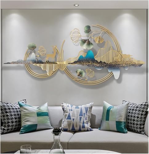 Image of F-RIQA METAL Large Golden Deer & Mountain Abstract Leaf Design Luxury Wall Hanging Decoration for Living Room, Bedroom, Hallway & Office (Asian) | 150 x 67 cm, 3D Abstract Leaf Design, Luxury Modern Nature Decor, For Living Room, Bedroom, Office