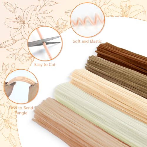 Image of 400 Pcs Pipe Cleaners Craft,5 Assorted Colors Pipe Cleaners Bulk | Chenille Stems for DIY Flower Making Kit with Floral Wires, Gardening Tape,Stamen& Ribbon (Brown)