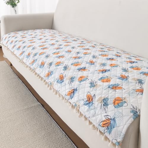 Image of HOKIPO Abstract Petals Quilted Sofa Cover Mat for 3 Seater Sofa with Tassels 'Tassel Twigs' Series (IN-985-T10)