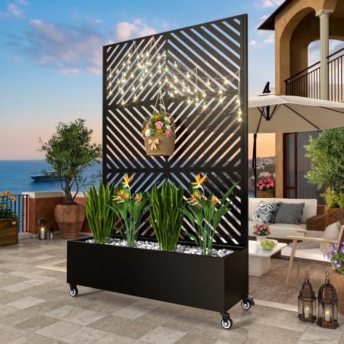 MTART Metal Planter Box with Trellis, 72"x47"x16" Outdoor Galvanized Raised Garden Bed with Privacy Screen & Drainage Holes & Lockable Casters for Climbing Plants, Vegetable, Vines (Black-Arrow)