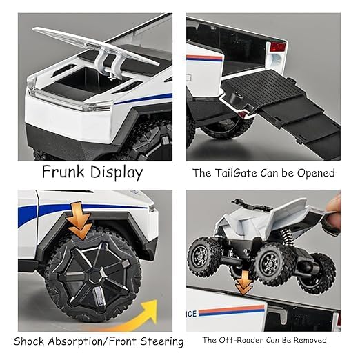 Image of Invite Enterprise Tesla Cyber Police Truck Alloy Metal Pull Back Die-Cast Car 1:24 Scale Model With Sound Light Mini Auto Toy For Kids Metal Model Toy Car With Sound And Light[Colors As Per Stock]