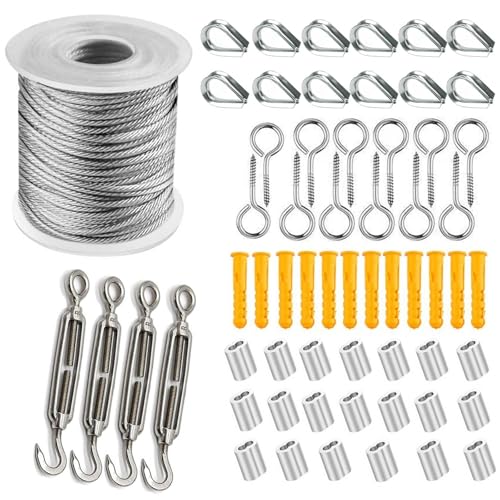 Aquafix ワイヤーロープ ステンレスワイヤー セット 61点キット アンテナ固定ワイヤー 物干しロープ 固定 牽引 防錆性 落下防止 工事/台風対策/地震対策/農業/農業/漁業/DIY フェンス（ 直径2mm 長さ35ｍ）