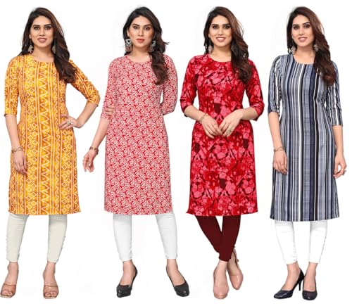 Image of JAKHANA Women's Crepe Printed Casual Straight Calf Length Round Nick Kurta Pack of 4