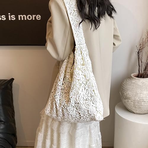 Crochet Tote Bag, Blanco, Unisex, Playa, 16.9 pulgadas (An) x 14.9 pulgadas (Al), Algodón, Ribete de PU, Bolso de hombro de encaje miniatura 5