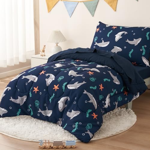 Image of PHF 4 Piece Toddler Bedding Set, Ultra Soft Toddler Comforter Sets Include Comforter, Fitted Sheet, Flat Top Sheet and Pillowcase for Boys Girls, Bed in A Bag for Toddler Bedroom, Shark