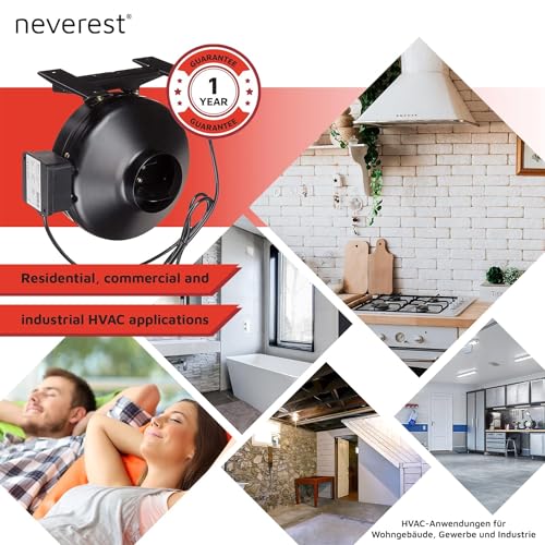 neverest® RV-B Rohrventilator 150mm Profi Ventilator Robust Leistungsstark Radiallüfter 230V/220V mit Stecker 800 m³/h, 150W, 52dB Material Metall