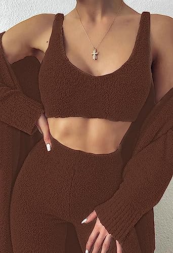 Image of Fixmatti Women's Fuzzy 3 Piece Sweatsuit Open Front Cardigan Crop Tank Tops Wide Legs Pants Lounge Sets