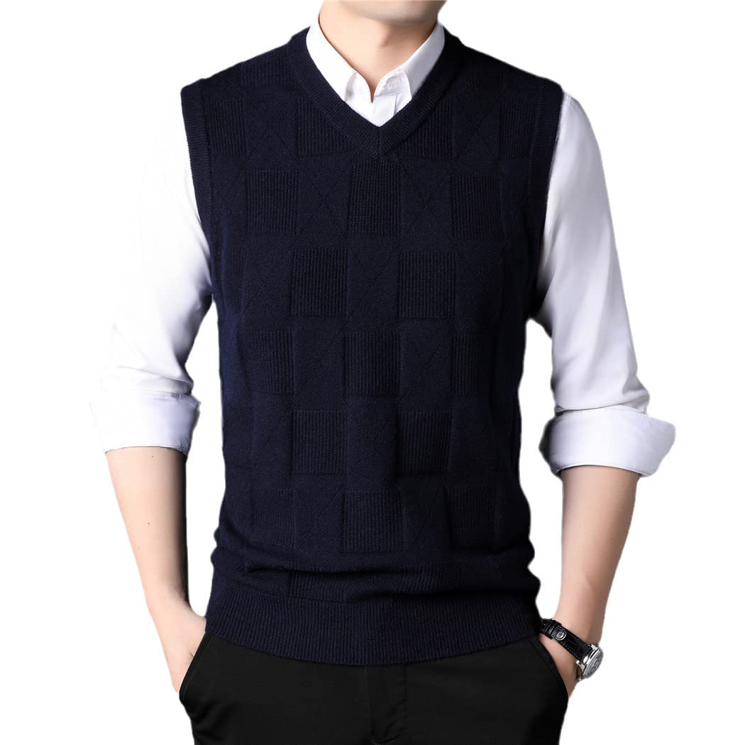 Chaleco de punto de cuello en V caqui de los hombres de otoño de negocios casual estilo clásico grueso sin mangas suéter chaleco, azul marino, L