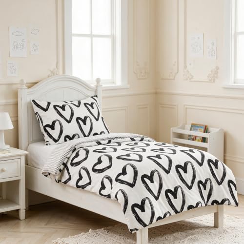 Image of CLOTHKNOW 4Pieces Black and White Toddler Bedding Sets for Boys Girls | Kids Comforter Set, Love Shaped Pattern Bedding Sets, Soft Cute Comforter Sets, All Season