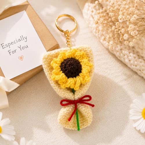 Image of Handmade Crochet Sunflower Keychain for Women & Girls, Cute Yellow Flower Key Ring Charm, Soft Yarn Knitted Gift, Bag Charm, Car Key Holder, Aesthetic Handmade Floral Accessory