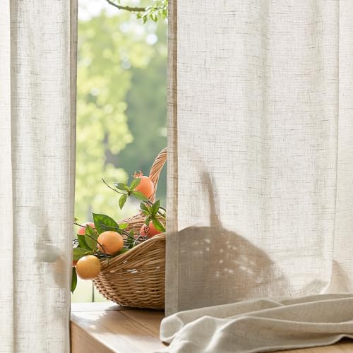 Image of jinchan Linen Curtains for Living Room Bedroom Light Filtering Semi Sheer Curtains Boho Farmhouse French Country Cottage Core Decor Window Drapes Back Tab 84 Inch Length Tassel Beige
