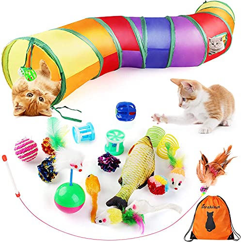 Dorakitten Cat Toys Kitten Toy Tunnel - 20PCS Indoor Interactive Toy Includes - Rainbow Tunnel Feather Teaser Fluffy…