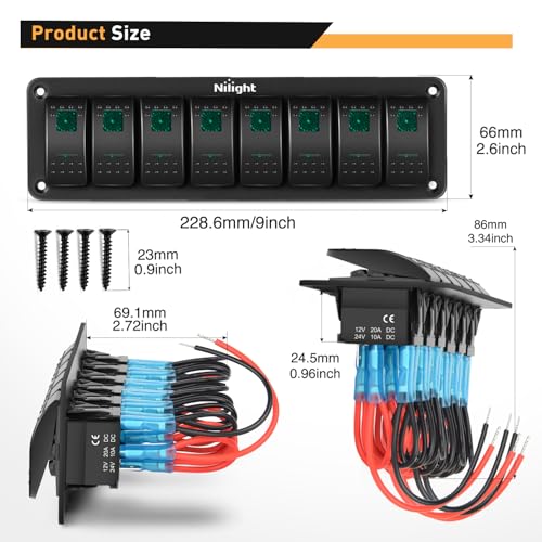 Image of Nilight 8 Gang Rocker Switch Panel 5Pin On Off Toggle Switch Aluminum Holder 12V 24V Dash Pre-Wired Green Backlit Switches for Automotive Cars Marine Boats RVs Truck, 2 Years Warranty