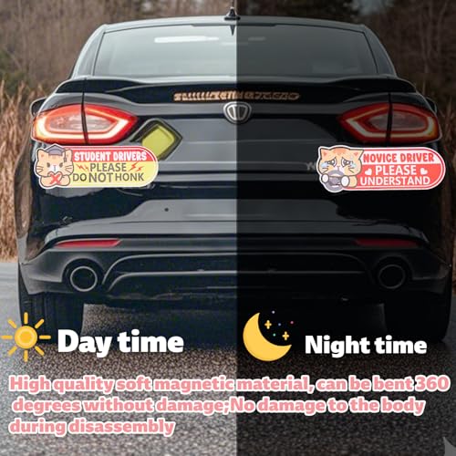 Image of 3pcs Student Driver Magnet for Car, 9.84x3.54in Funny Pink Reflective Novice Driver Magnetic Bumper Stickers Cute Cat Safety Awareness Sign for Rookies Weather Resistant & Detachable