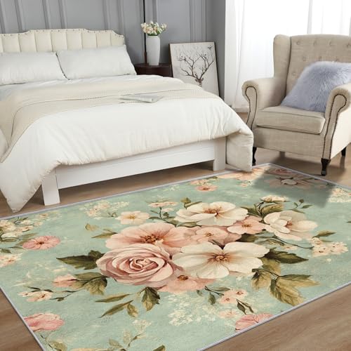 Tapete Floral Blanco y Rosa 6x8 pies Antideslizante Lavable miniatura 4
