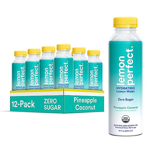 Lemon Perfect, Hydrating Organic Lemon Water, Zero Sugar, Flavored Water, Squeezed from Real Fruit, Plastic Neutral, No Artificial Ingredients, Pineapple Coconut (12oz Bottles) 12pk