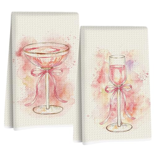 Image of 2 Pcs Pink Bow Kitchen Towels, Coquette Pink Reusable Dish Towels | Champagne Lover Gifts for Women Mom Friend, Waffle Weave Hand Cloth Tea Towel for Kitchen Bathroom Home Decor 24x14 Inch