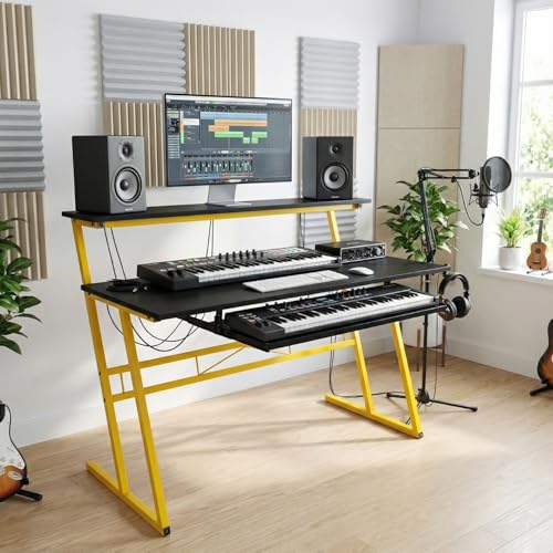 Image of FFO Music Studio Desk with Keyboard Tray Multipurpose Office & Study Table | Workstation Desk for Home, Office, Music Studio, Piano & Instruments Durable Desk with 1 Year Warranty DIY - Black /Yellow