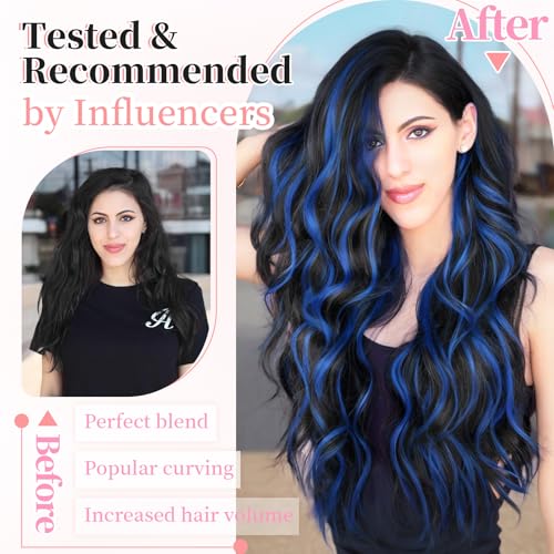 Image of KooKaStyle Wavy Thick Clip in Hair Extensions 20 inch Blue - Black Streak