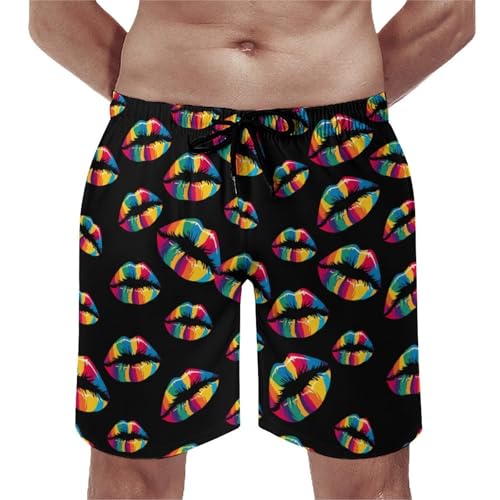 LGBT Rainbow Lips Mens Swim Trunks Quick Dry Beach Swimming Shorts with Mesh Lining and Pockets