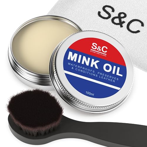 Stone and Clark Mink Oil for Leather Boots, 3.5 oz. with Horsehair Shoe Polish Applicator & Cloth - Leather Conditioner & Protector, Waterproofing for Boot, Belt, Saddle, Baseball Glove, Purse, Bag Stone and Clark Mink Oil for Leather Boots, 3.5 oz. with Horsehair Shoe Polish Applicator & Cloth - Leather Conditioner & Protector, Waterproofing for Boot, Belt, Saddle, Baseball Glove, Purse, Bag