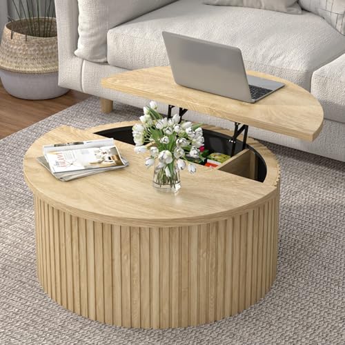 Fsbecl Round Fluted Lift Top Coffee Table with Storage, 34.6'' Farmhouse Round Coffee Tables for Living Room, Circle Wood Accent Center Table for Home, Office, Cafe (Wood Color)